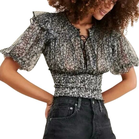Free People Beatrice Mesh Black Combo Blouse, Size Medium, New with Tag MSRP $88 - Picture 1 of 9